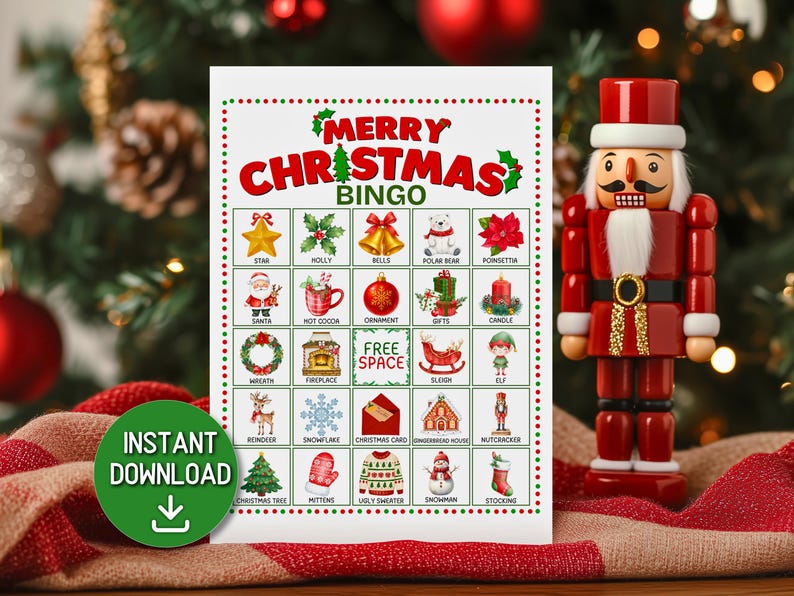 May include: A Merry Christmas Bingo game card featuring a grid of holiday icons including a star, holly, bells, polar bear, poinsettia, Santa, hot cocoa, ornament, gifts, candle, wreath, fireplace, sleigh, elf, reindeer, snowflake, card, and snowman.