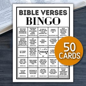May include: A black and white Bingo card with Bible verses, titled "Bible Verses Bingo." The card features a grid of Bible verses and a circular sticker that says "50 Cards."