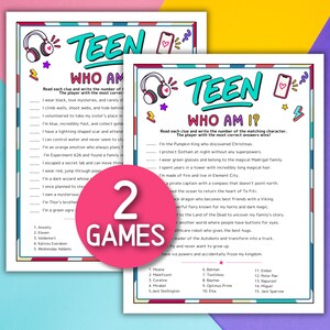 May include: Two printable game sheets titled TEEN WHO AM I with a pink circular overlay stating 2 GAMES. The sheets feature cartoon icons of headphones and a smartphone, with a list of clues and numbered answer keys at the bottom of each page.
