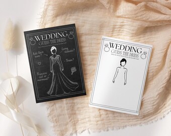 Può includere: Due biglietti di gioco a tema matrimonio. Un biglietto è nero con un'illustrazione bianca di una sposa e la scritta "WEDDING GUESS THE DRESS". L'altro biglietto è bianco con un'illustrazione di sposa e lo stesso testo.