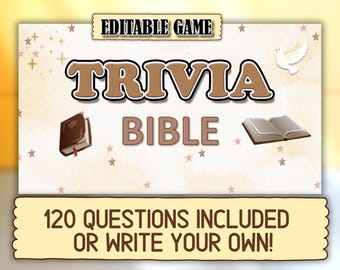 May include: A beige game card with the words "Trivia Bible" in brown letters. The card includes illustrations of a closed book, an open book, and a dove. The text "Editable Game" is at the top, and "120 Questions Included or Write Your Own!" is at the bottom.