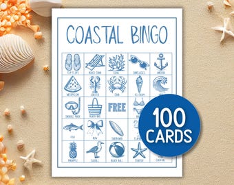 Beach Bingo Game Printable, Coastal Bingo Cards  100 Bingo Summer Party Game for Kids Adults Family Beach Vacation Activity Instant Download