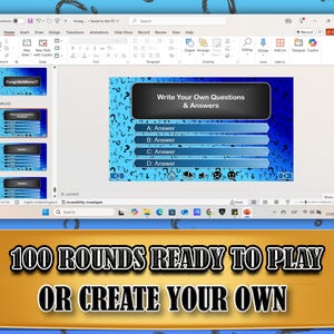 Puede incluir: Una captura de pantalla de una presentaci&oacute;n de PowerPoint con una plantilla de cuestionario. La plantilla presenta un formato de preguntas y respuestas con cuatro opciones de respuesta. La pancarta inferior dice "100 ROUNDS READY TO PLAY OR CREATE YOUR OWN". El fondo es azul con signos de interrogaci&oacute;n.