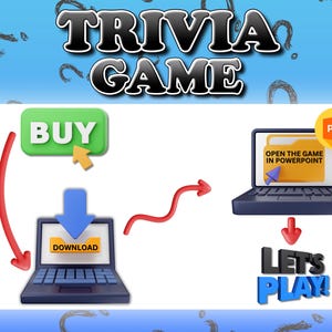 Puede incluir: Ilustraci&oacute;n que muestra los pasos para jugar un juego de trivia. La imagen incluye el texto "TRIVIA GAME", un bot&oacute;n "COMPRAR", un bot&oacute;n "DESCARGAR" y un mensaje "&iexcl;JUGUEMOS!". El juego se abre en PowerPoint.