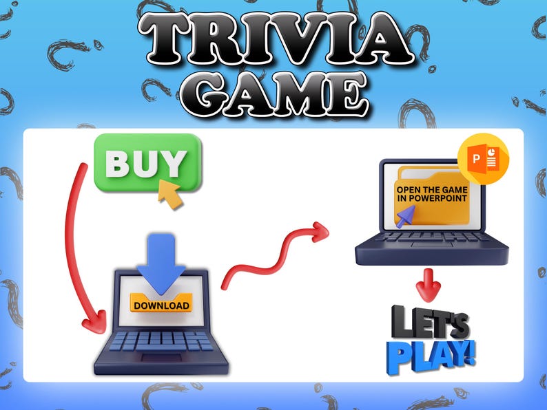 Puede incluir: Ilustraci&oacute;n que muestra los pasos para jugar un juego de trivia. La imagen incluye el texto "TRIVIA GAME", un bot&oacute;n "COMPRAR", un bot&oacute;n "DESCARGAR" y un mensaje "&iexcl;JUGUEMOS!". El juego se abre en PowerPoint.