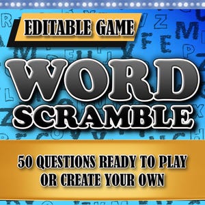 Puede incluir: Gráfico de juego digital con el título "WORD SCRAMBLE" en letras grandes y en negrita. La imagen incluye el texto "EDITABLE GAME" y "50 QUESTIONS READY TO PLAY OR CREATE YOUR OWN" en pancartas doradas, sobre un fondo azul con letras dispersas.