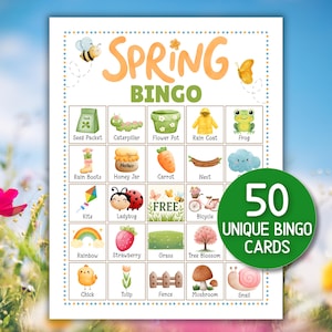 May include: A colorful Spring Bingo game card with a floral and nature theme. The card features illustrations of a bee, butterfly, and various spring-related items. The card includes the text "Spring Bingo" and "50 Unique Bingo Cards."