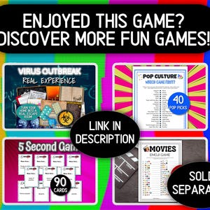 May include: A promotional image for various games, including a "Virus Outbreak" escape room experience, a "Pop Culture" trivia game with 40 picks, a "5 Second Game" with 90 cards, and a "Movies Emoji Game". The text "Enjoyed this game? Discover more fun games!" is at the top.