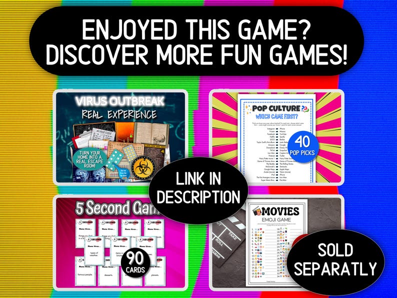 May include: A promotional image for various games, including a "Virus Outbreak" escape room experience, a "Pop Culture" trivia game with 40 picks, a "5 Second Game" with 90 cards, and a "Movies Emoji Game". The text "Enjoyed this game? Discover more fun games!" is at the top.