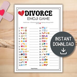 Op de afbeelding: Een afdrukbaar "Divorce Emoji Game"-blad met een gebroken hart-afbeelding. Het spel bevat 30 emoji-gebaseerde aanwijzingen om te ontcijferen, met een "Direct downloaden"-knop. Twee roze pleisters met een rood hart staan linksboven.