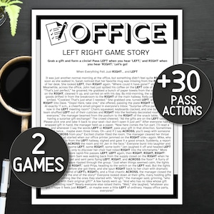 Könnte beinhalten: Schwarz-Weiß-Druck eines Büro-Partyspiel-Geschichten mit dem Titel "OFFICE LEFT RIGHT GAME STORY". Enthält den Text "2 GAMES" und "+30 PASS ACTIONS" in Kreisen. Eine Kaffeetasse und eine Pflanze sind ebenfalls sichtbar.