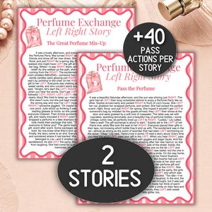 May include: Two pink cards with the text "Perfume Exchange Left Right Story" and "The Great Perfume Mix-Up." One card has a perfume bottle graphic. A black circle reads "+40 PASS ACTIONS PER STORY." Another circle reads "2 STORIES."