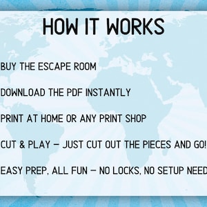 May include: A light blue graphic with the text "HOW IT WORKS" and instructions for an escape room game. The steps include buying, downloading, printing, cutting, and playing the game. The background features a world map.