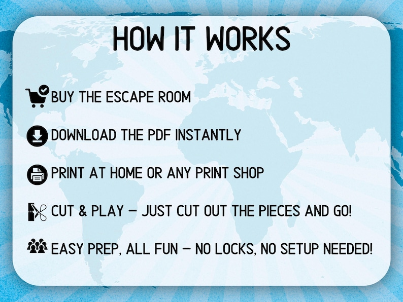 May include: A light blue graphic with the text "HOW IT WORKS" and instructions for an escape room game. The steps include buying, downloading, printing, cutting, and playing the game. The background features a world map.