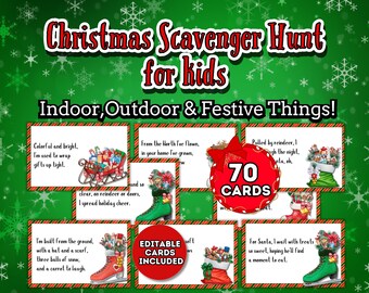 May include: A Christmas Scavenger Hunt game for kids, featuring cards with festive illustrations and rhyming clues. The image includes the text "Christmas Scavenger Hunt for kids" and "Indoor, Outdoor & Festive Things!" with 70 cards included.