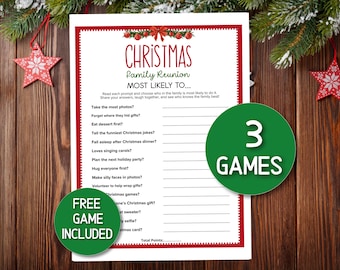 May include: A Christmas Family Reunion game sheet with a red border and festive graphics. The sheet includes prompts like "Take the most photos?" and "Eat dessert first?" A green circle states "3 GAMES". A second green circle states "FREE GAME INCLUDED".