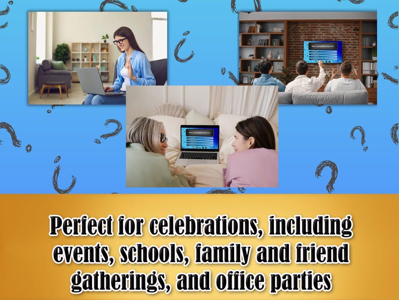 Puede incluir: Imagen con m&uacute;ltiples escenas de personas usando computadoras port&aacute;tiles y una pantalla de TV. El texto en la parte inferior dice: "Perfecto para celebraciones, incluidos eventos, escuelas, reuniones familiares y de amigos y fiestas de oficina."