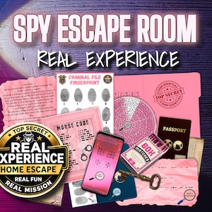 May include: A promotional image for a spy-themed escape room game. The image features various props, including a passport, a smartphone, a key, a box of matches, and documents with text like "Morse Code" and "Criminal File Fingerprint". The words "Spy Escape Room" are at the top.