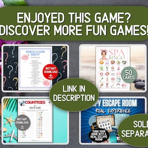 Puede incluir: Imagen que presenta cuatro juegos imprimibles. La pancarta superior dice: "&iquest;DISFRUTASTE ESTE JUEGO? &iexcl;DESCUBRE M&Aacute;S JUEGOS DIVERTIDOS!". Los juegos incluyen "Which Came First?", "Spa Bingo", "Countries Baoji Game" y "Spy Escape Room". El texto "LINK IN DESCRIPTION" tambi&eacute;n es visible.