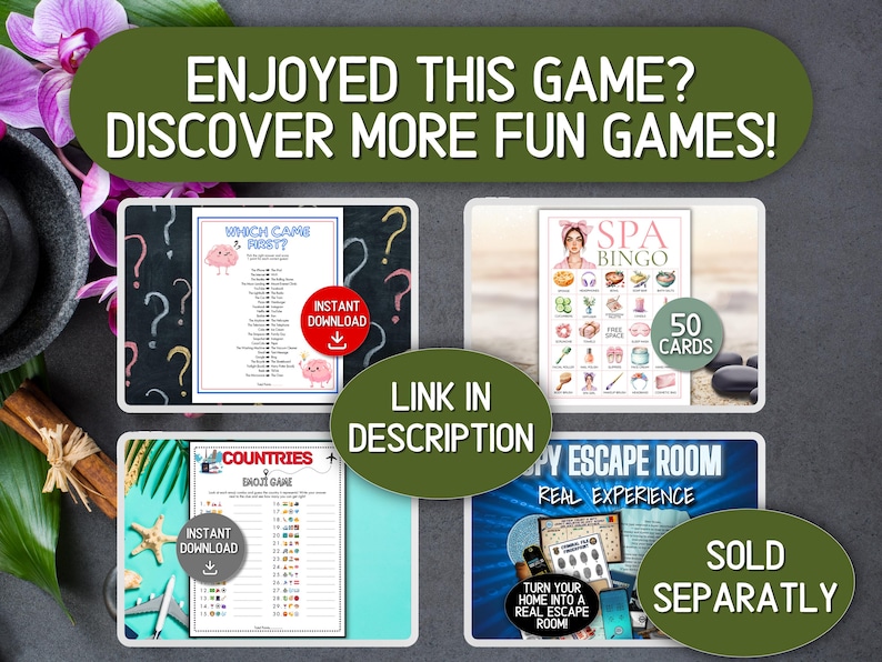 Puede incluir: Imagen que presenta cuatro juegos imprimibles. La pancarta superior dice: "&iquest;DISFRUTASTE ESTE JUEGO? &iexcl;DESCUBRE M&Aacute;S JUEGOS DIVERTIDOS!". Los juegos incluyen "Which Came First?", "Spa Bingo", "Countries Baoji Game" y "Spy Escape Room". El texto "LINK IN DESCRIPTION" tambi&eacute;n es visible.