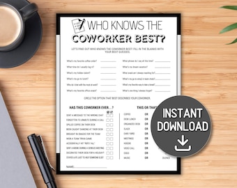 May include: Black and white printable game sheet titled "Who Knows the Coworker Best?" with fill-in-the-blank questions and "This or That" options. Includes a coffee cup and pen. A circular "Instant Download" graphic is on the right.