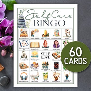 Puede incluir: Un juego de Bingo de autocuidado imprimible con ilustraciones de acuarela de actividades de autocuidado. El juego incluye 60 tarjetas y presenta actividades como meditaci&oacute;n, lectura y disfrutar de la naturaleza. El t&iacute;tulo "Self-Care BINGO" est&aacute; en la parte superior.
