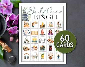 Juego de bingo de autocuidado, actividad de bienestar, 60 cartones de bingo para la relajación y la salud mental.