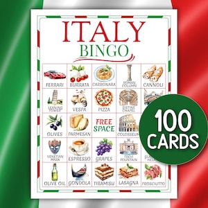 Könnte beinhalten: Eine Italien-Bingo-Spielkarte mit einem rot-weiß-grünen Rand. Die Karte zeigt Illustrationen italienischer Ikonen wie den Schiefen Turm von Pisa, Pizza und eine Vespa. Der Text "ITALY BINGO" steht oben, und ein grüner Kreis zeigt "100 KARTEN".
