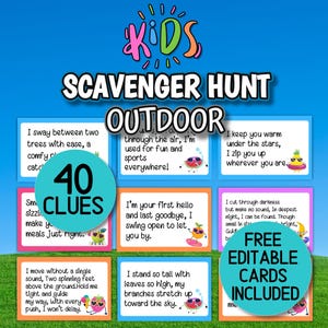 Può includere: Un colorato gioco di caccia al tesoro per bambini con la parola "KIDS" in alto. Il gioco include 40 indizi e la parola "OUTDOOR". Le carte hanno illustrazioni divertenti e testo.