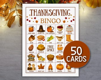 May include: Thanksgiving Bingo game card with illustrations of fall-themed items like pumpkins, corn, and a turkey. The card includes the text "Thanksgiving Bingo" and "50 Cards" in a circular design.