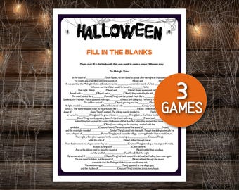 以下が含まれることがあります： ハロウィーンをテーマにした、不気味な物語の穴埋めゲーム。ゲームは黒い縁とオレンジ色のアクセントがあり、「Halloween」と「Fill in the Blanks」という言葉が目立っています。円形のグラフィックは「3 GAMES」を示しています。