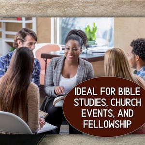 May include: A group of people seated in a circle, engaged in conversation. The image includes text that reads "IDEAL FOR BIBLE STUDIES, CHURCH EVENTS, AND FELLOWSHIP". The setting appears to be indoors.