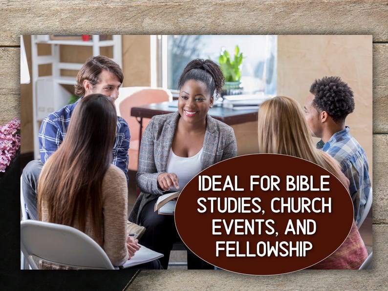 May include: A group of people seated in a circle, engaged in conversation. The image includes text that reads "IDEAL FOR BIBLE STUDIES, CHURCH EVENTS, AND FELLOWSHIP". The setting appears to be indoors.