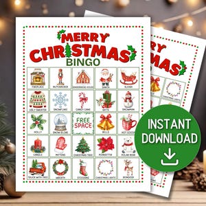 May include: A Merry Christmas Bingo game card featuring a grid of twenty-five squares with festive illustrations including a fireplace, nutcracker, gingerbread house, Santa, sleigh, sweater, snowflake, candy cane, gifts, snowman, holly, snow globe, bells, hot cocoa, candle, mittens, tree, poinsettia, polar bear, truck, wreath, stocking, lights, and reindeer.