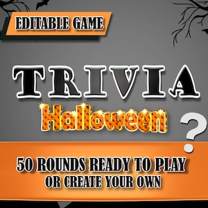 May include: A Halloween trivia game graphic featuring the word "TRIVIA" in black and grey, and "Halloween" in orange with a gold outline. The graphic includes the text "50 ROUNDS READY TO PLAY OR CREATE YOUR OWN" on an orange banner, with bats and tree branches.
