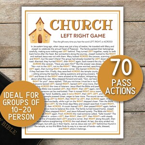 Può includere: Un gioco Church Left Right con 70 azioni di passaggio. Il gioco è stampato su carta color crema con un bordo marrone e un'illustrazione di una chiesa. Una Santa Bibbia è visibile nell'immagine.