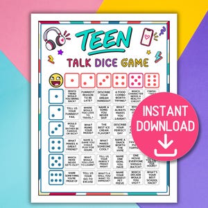Peut inclure: Une feuille de jeu imprimable Teen Talk Dice Game avec une grille de sujets de conversation, des icônes de dés et des graphiques colorés incluant un casque et un smartphone. Le texte indique Teen Talk Dice Game et un cercle rose Instant Download.