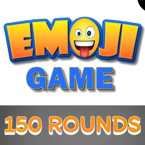 Op de afbeelding: Afbeelding voor een Emoji-spel. Het woord "EMOJI" is in oranje en geel, met een lachend emoji-gezicht. Het woord "GAME" is blauw. De tekst "150 ROUNDS" is oranje, tegen een grijze achtergrond.