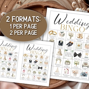 May include: Wedding Bingo game cards in two formats: one per page and two per page. The cards feature wedding-themed illustrations, including rings, a cake, and a bow tie. The words "Wedding Bingo" are at the top of the cards.