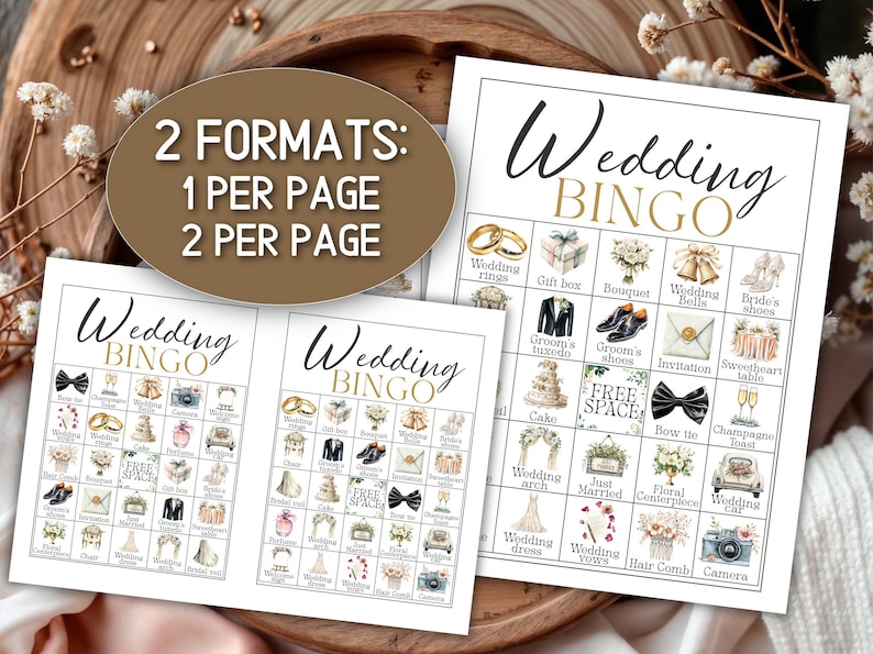 May include: Wedding Bingo game cards in two formats: one per page and two per page. The cards feature wedding-themed illustrations, including rings, a cake, and a bow tie. The words "Wedding Bingo" are at the top of the cards.