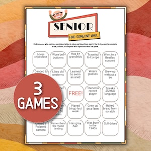 Puede incluir: Una tarjeta de juego de bingo para personas mayores con un círculo rojo que dice "3 JUEGOS". La tarjeta de juego tiene un fondo blanco con una cuadrícula de casillas, cada una con una descripción diferente. La parte superior de la tarjeta dice "SENIOR ENCUENTRA A ALGUIEN QUE..."