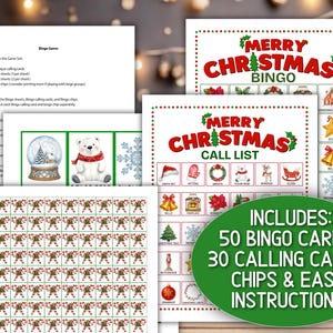 May include: A printable Merry Christmas Bingo game set featuring bingo cards, a call list, calling cards with holiday icons like a polar bear and snow globe, and a sheet of candy cane chips. Includes text: INCLUDES: 50 BINGO CARDS, 30 CALLING CARDS, CHIPS & EASY INSTRUCTIONS.