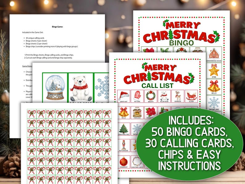 May include: A printable Merry Christmas Bingo game set featuring bingo cards, a call list, calling cards with holiday icons like a polar bear and snow globe, and a sheet of candy cane chips. Includes text: INCLUDES: 50 BINGO CARDS, 30 CALLING CARDS, CHIPS & EASY INSTRUCTIONS.