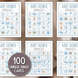 May include: Six baby shower bingo cards in blue and white. Each card features a grid of baby-related illustrations and the words "Baby Shower Bingo." A circular graphic reads "100 Unique Bingo Cards."