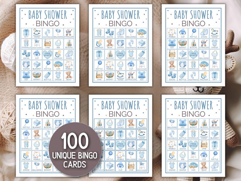May include: Six baby shower bingo cards in blue and white. Each card features a grid of baby-related illustrations and the words "Baby Shower Bingo." A circular graphic reads "100 Unique Bingo Cards."