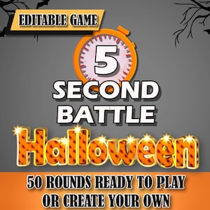 Op de afbeelding: Een Halloween-thema game-afbeelding met een timer die 5 seconden aangeeft. De woorden "5 Second Battle" en "Halloween" staan prominent afgebeeld. Bevat de tekst "50 Rounds Ready to Play or Create Your Own".