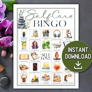 Puede incluir: Una tarjeta de juego imprimible "Self-Care BINGO" con ilustraciones de acuarela de actividades de autocuidado. La tarjeta incluye indicaciones como "Beber agua", "Re&iacute;r a menudo" y "Meditar". Un c&iacute;rculo verde con el texto "DESCARGA INSTANT&Aacute;NEA" y una flecha hacia abajo est&aacute; a la derecha.