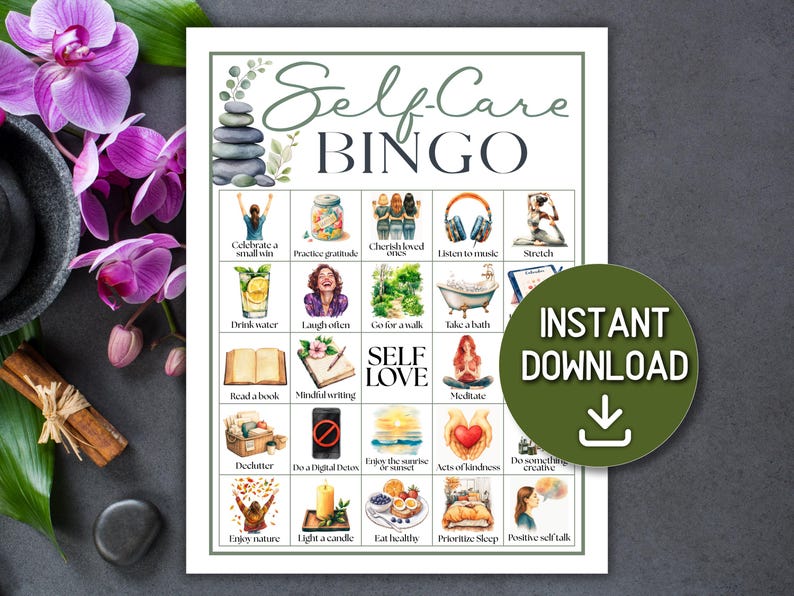 Puede incluir: Una tarjeta de juego imprimible "Self-Care BINGO" con ilustraciones de acuarela de actividades de autocuidado. La tarjeta incluye indicaciones como "Beber agua", "Re&iacute;r a menudo" y "Meditar". Un c&iacute;rculo verde con el texto "DESCARGA INSTANT&Aacute;NEA" y una flecha hacia abajo est&aacute; a la derecha.