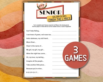 Juego para terminar la letra para personas mayores imprimible, juego de memoria para personas mayores, juego de trivia de los años 60, 70, 80 y 90, actividad para fiestas musicales, terminar la melodía de la canción