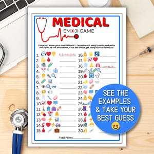 Puede incluir: Un juego de emojis con temática médica impreso en papel blanco, con un gráfico de estetoscopio rojo y el título "MEDICAL EMOJI GAME". El juego desafía a los jugadores a decodificar combinaciones de emojis e identificar herramientas médicas. Un círculo azul con el texto "SEE THE EXAMPLES & TAKE YOUR BEST GUESS" está a la derecha.
